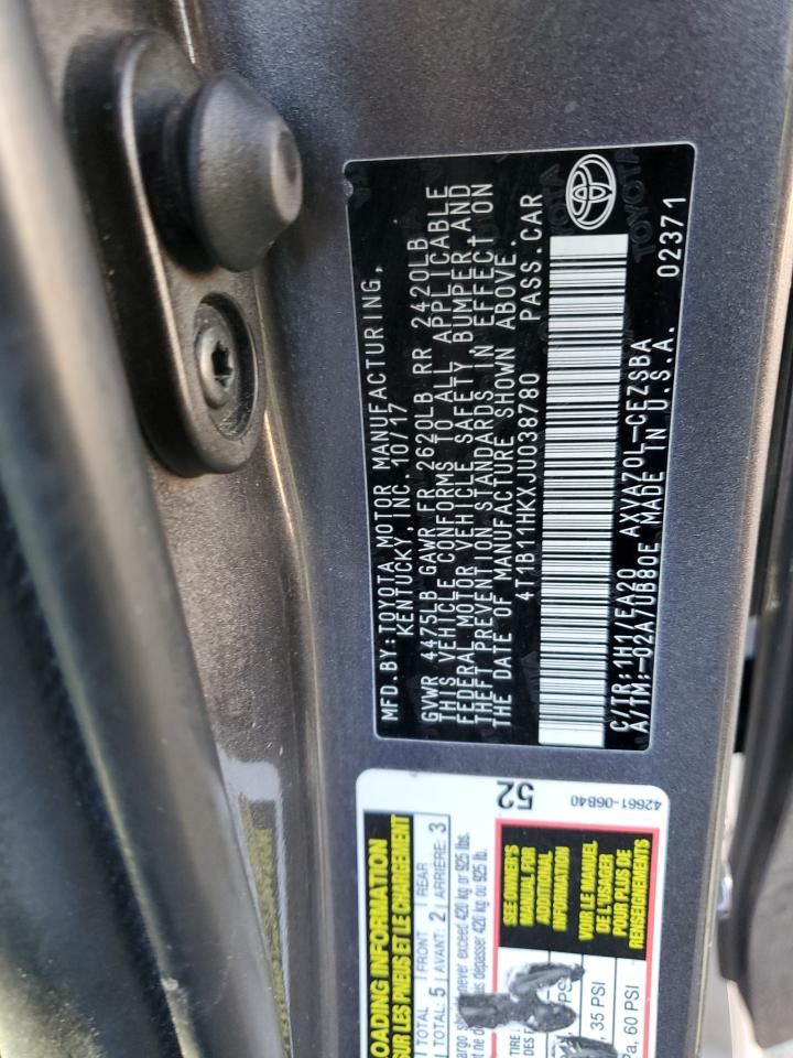 2018 Toyota Camry VIN 4T1B11HKXJU038780 Copart auction photo, front end damage thumbnail 12
