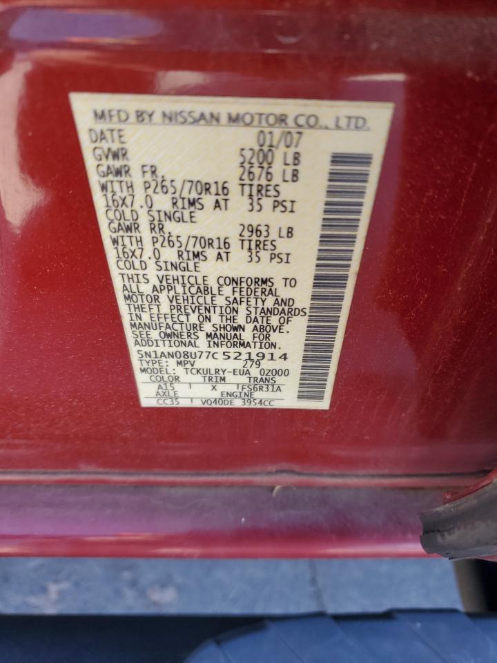 2007 Nissan XTerra VIN 5N1AN08U77C521914 Copart auction photo, rear end damage thumbnail 13