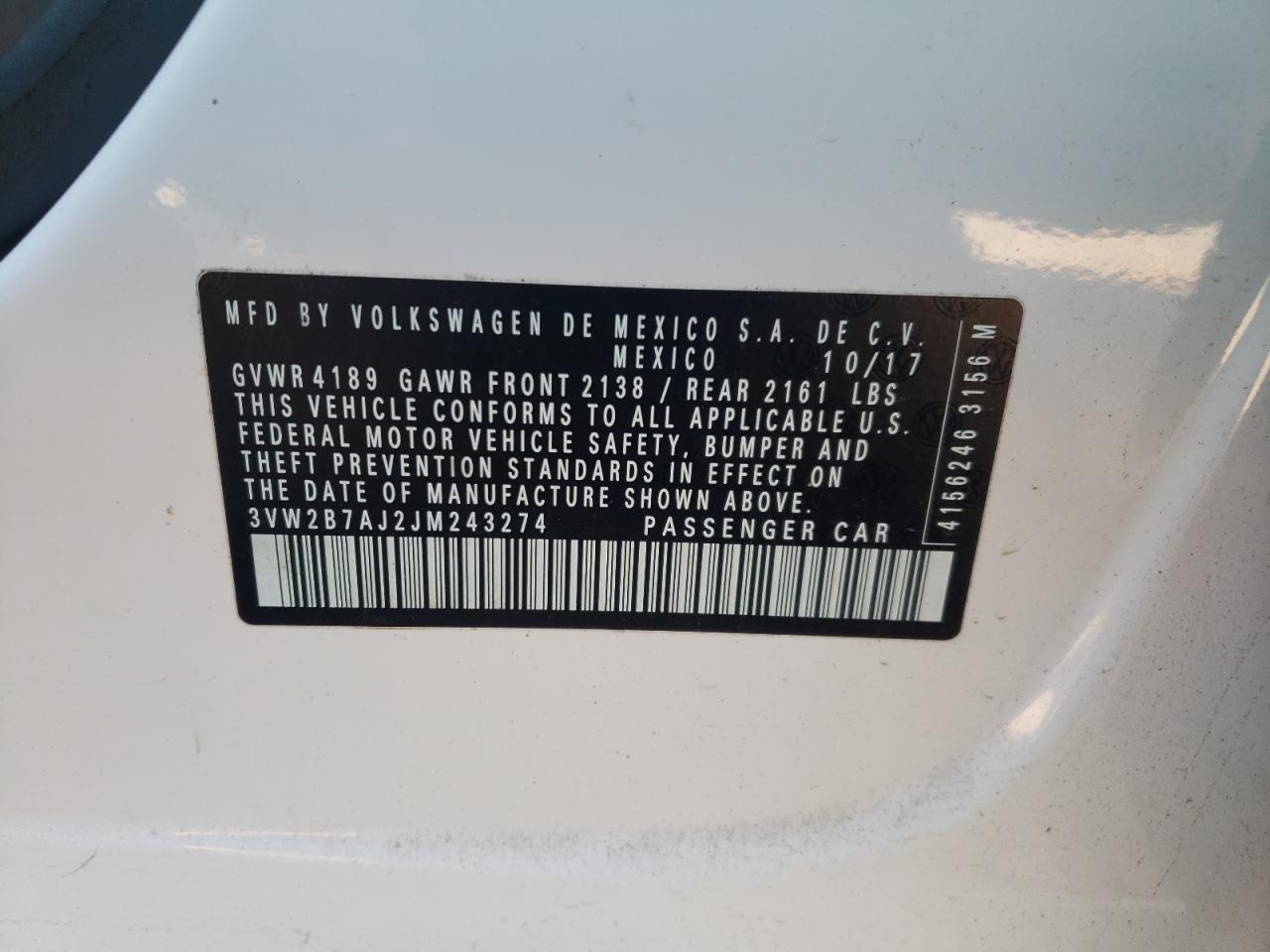 2018 Volkswagen Jetta VIN 3VW2B7AJ2JM243274 Copart auction photo, rear end damage thumbnail 12