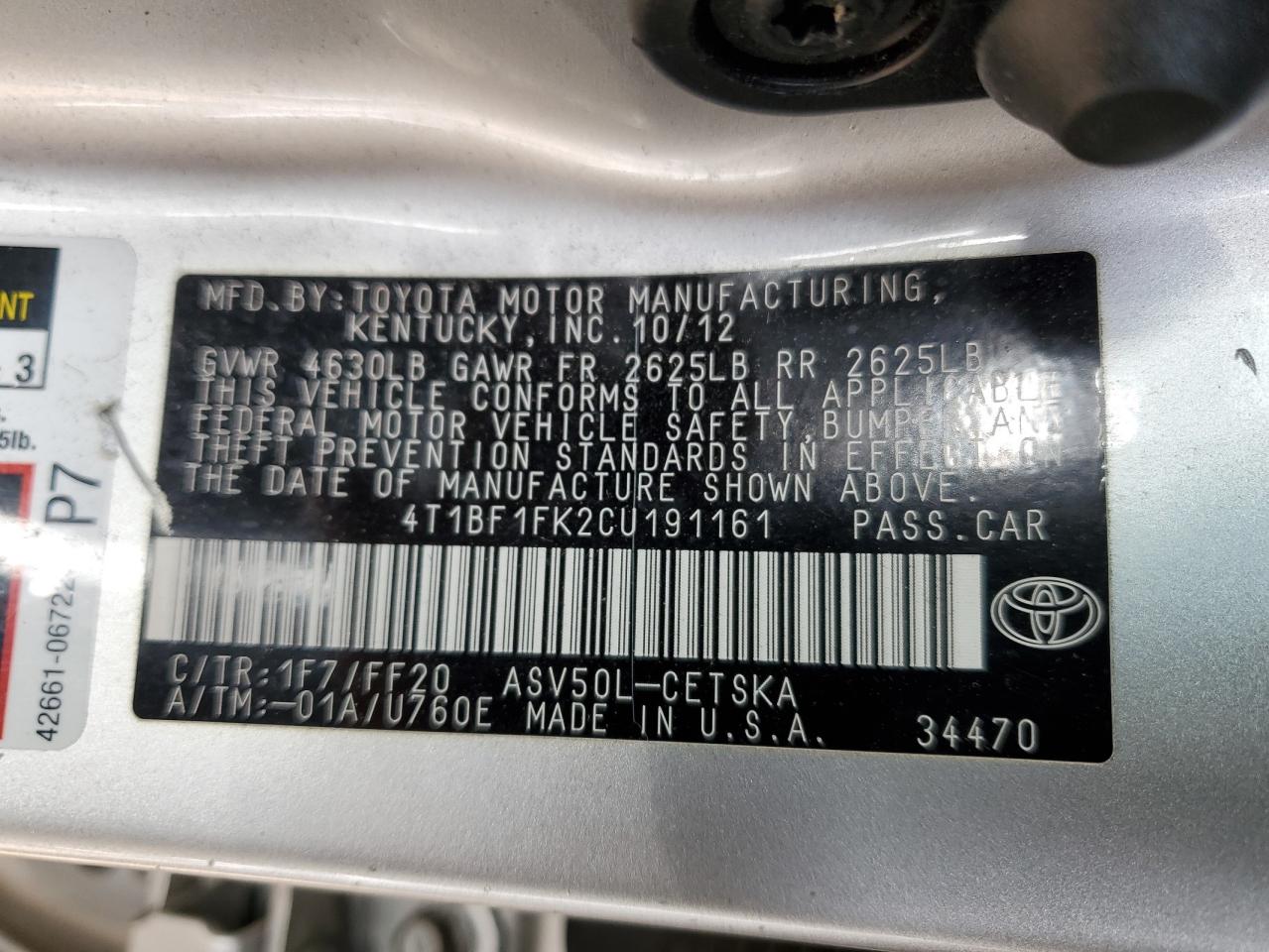 2012 Toyota Camry VIN 4T1BF1FK2CU191161 Copart auction photo, front end / side damage thumbnail 12