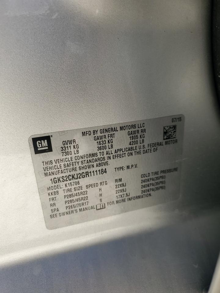 2016 GMC Yukon VIN 1GKS2CKJ2GR111184 Copart auction photo, front end damage thumbnail 15
