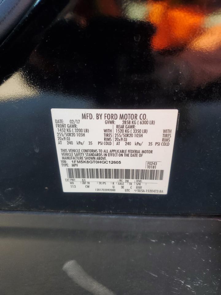 2017 Ford Explorer VIN 1FM5K8GT0HGC12605 Copart auction photo, rear end damage thumbnail 14