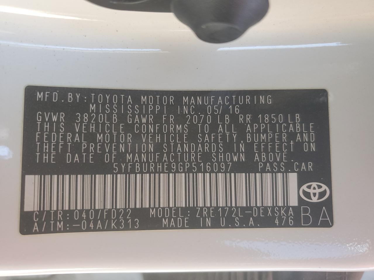 2016 Toyota Corolla VIN 5YFBURHE9GP516097 Copart auction photo, front end damage thumbnail 15