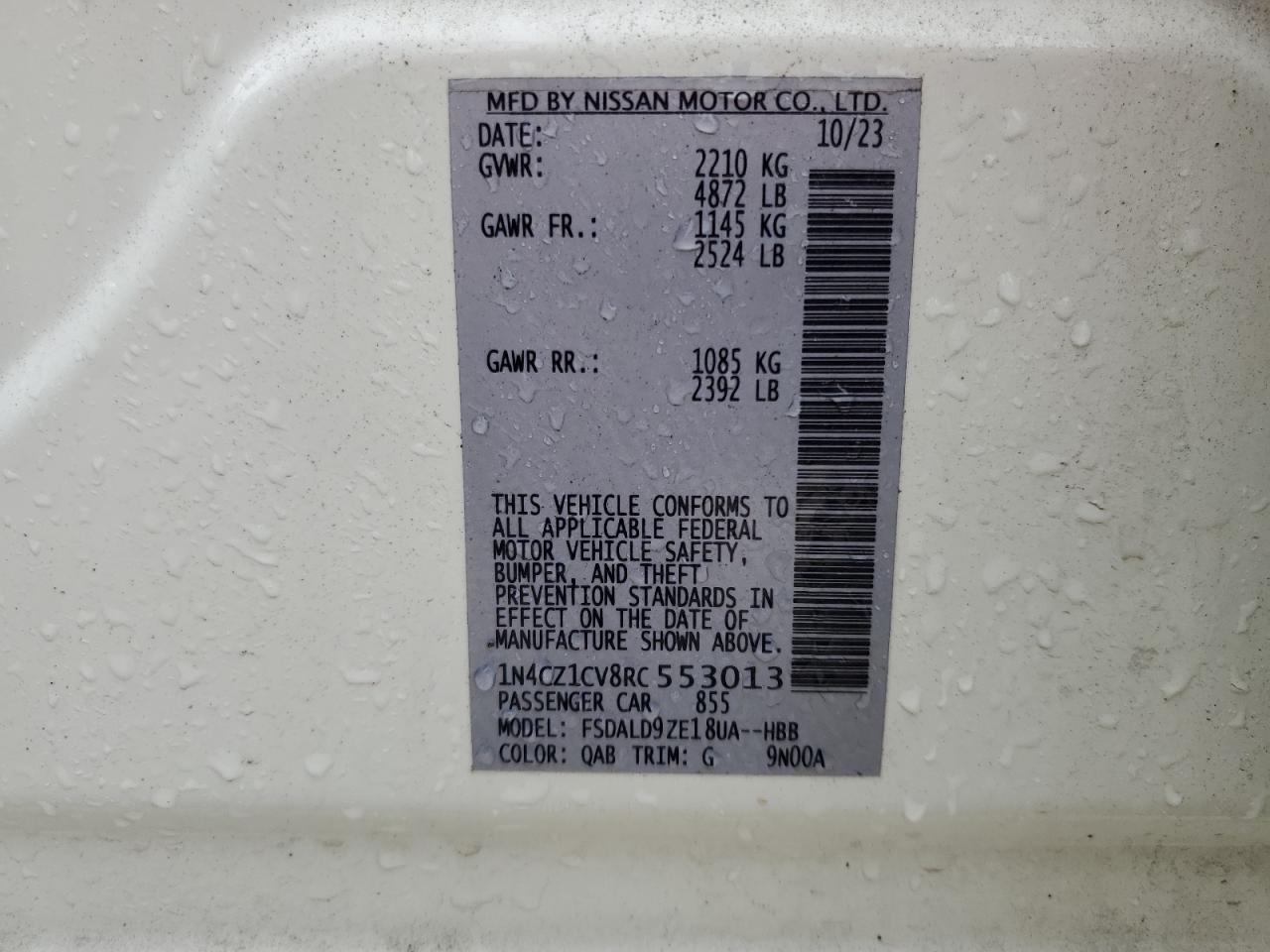 2024 Nissan Leaf VIN 1N4CZ1CV8RC553013 Copart auction photo, rear end / side damage thumbnail 14