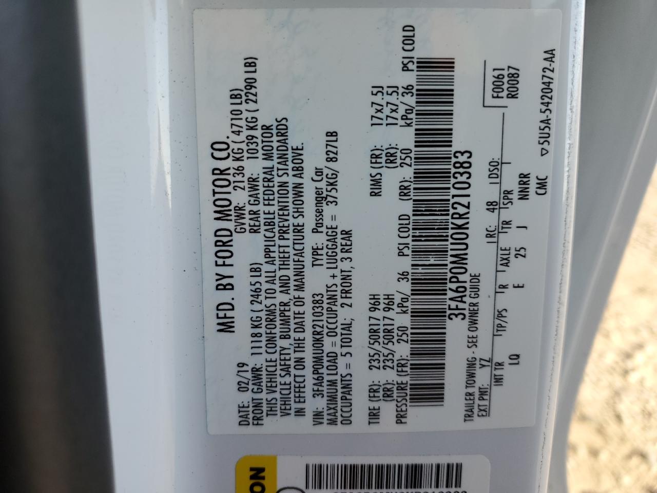 2019 Ford Fusion VIN 3FA6P0MU0KR210383 Copart auction photo, front end damage thumbnail 12