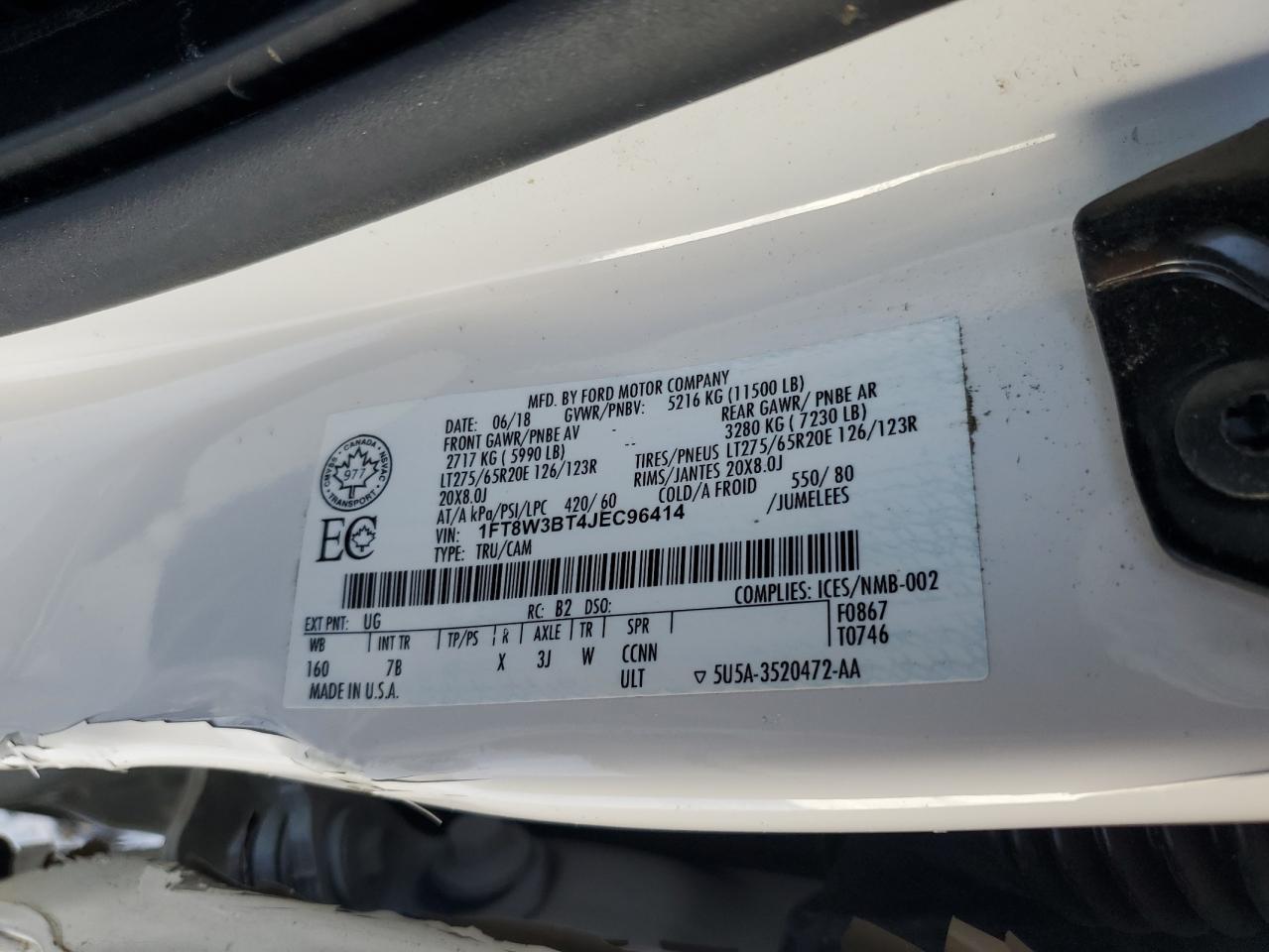 2018 Ford F350 VIN 1FT8W3BT4JEC96414 Copart auction photo, all over damage thumbnail 10