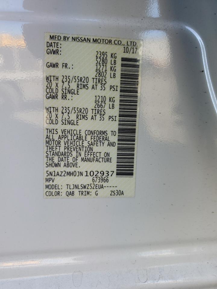 2018 Nissan Murano VIN 5N1AZ2MH0JN102937 Copart auction photo, rear end / side damage thumbnail 13