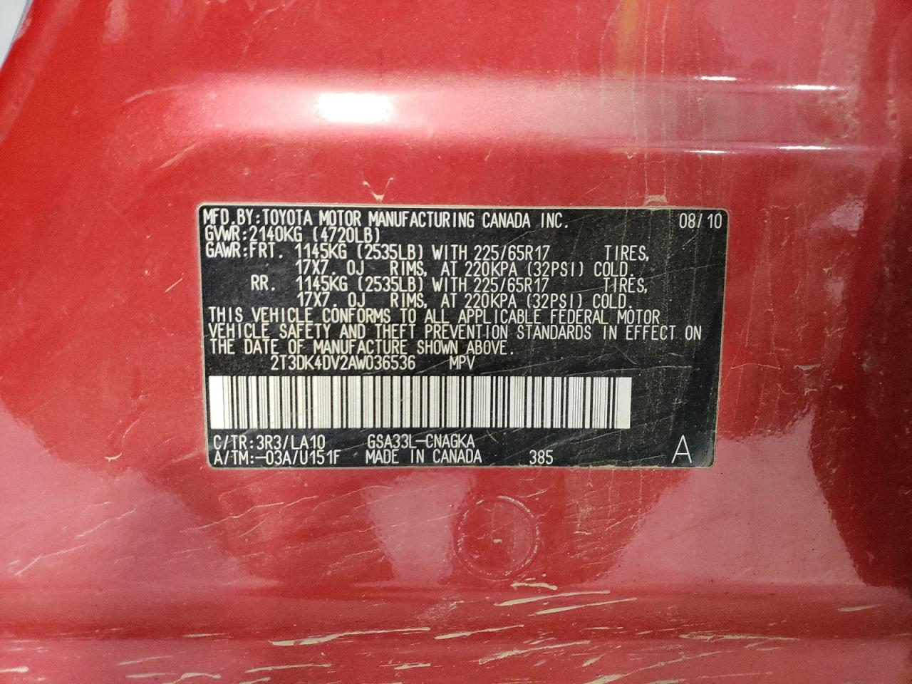 2010 Toyota RAV 4 VIN 2T3DK4DV2AW036536 Copart auction photo, rear end / hail damage thumbnail 13