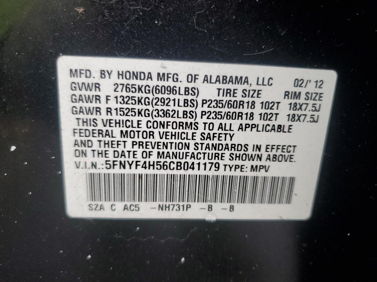 2012 Honda Pilot VIN 5FNYF4H56CB041179 Copart auction photo, side damage thumbnail 13