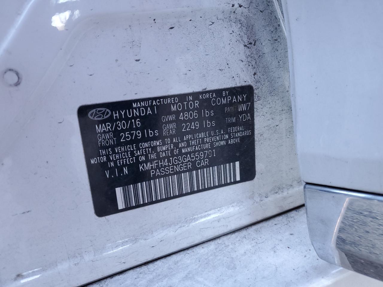 2016 Hyundai Azera VIN KMHFH4JG3GA559791 Copart auction photo, front end damage thumbnail 13