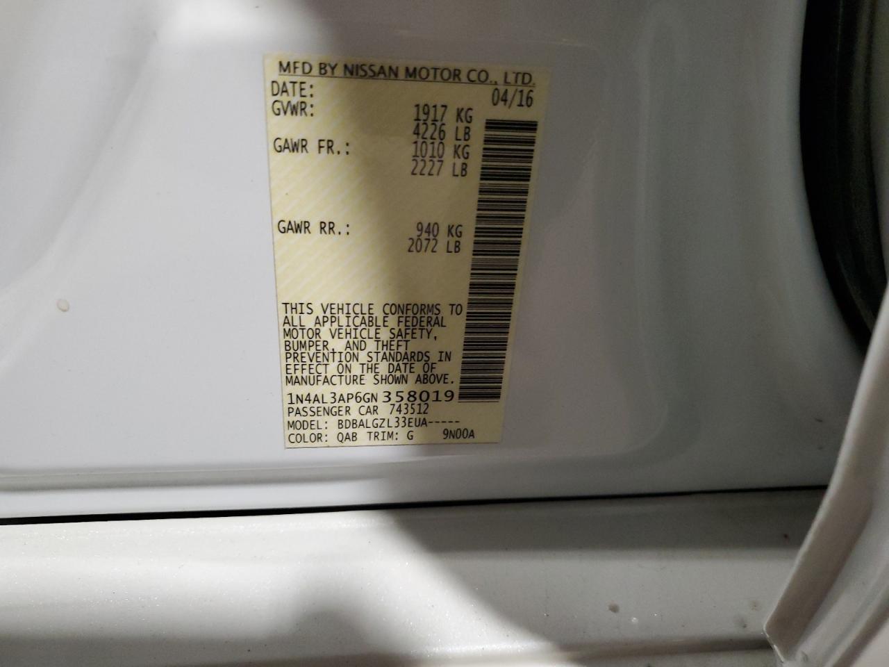 2016 Nissan Altima VIN 1N4AL3AP6GN358019 Copart auction photo, front end / minor dent/scratches damage thumbnail 12