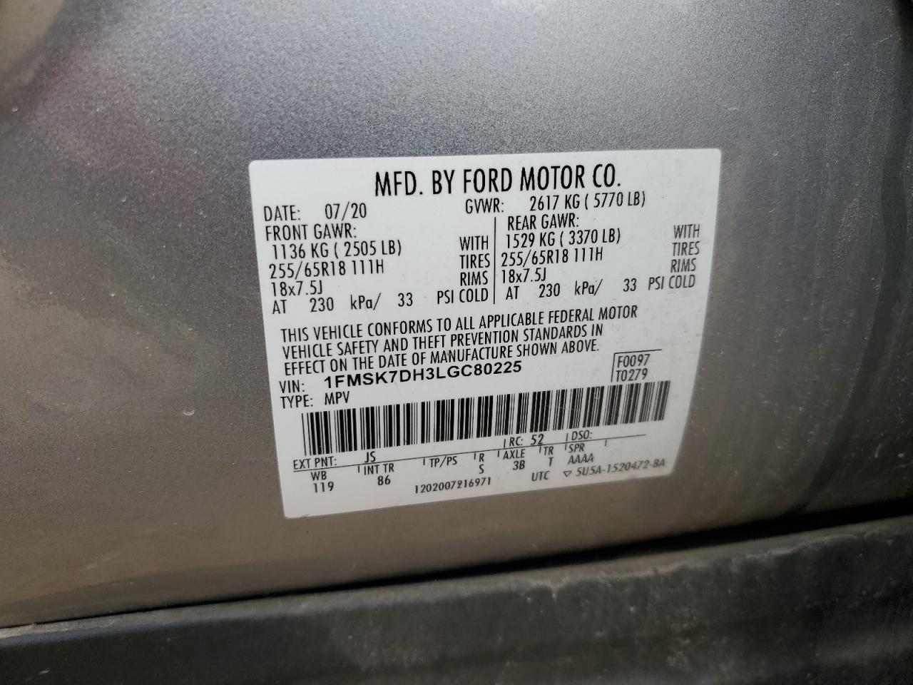 2020 Ford Explorer VIN 1FMSK7DH3LGC80225 Copart auction photo, all over damage thumbnail 12