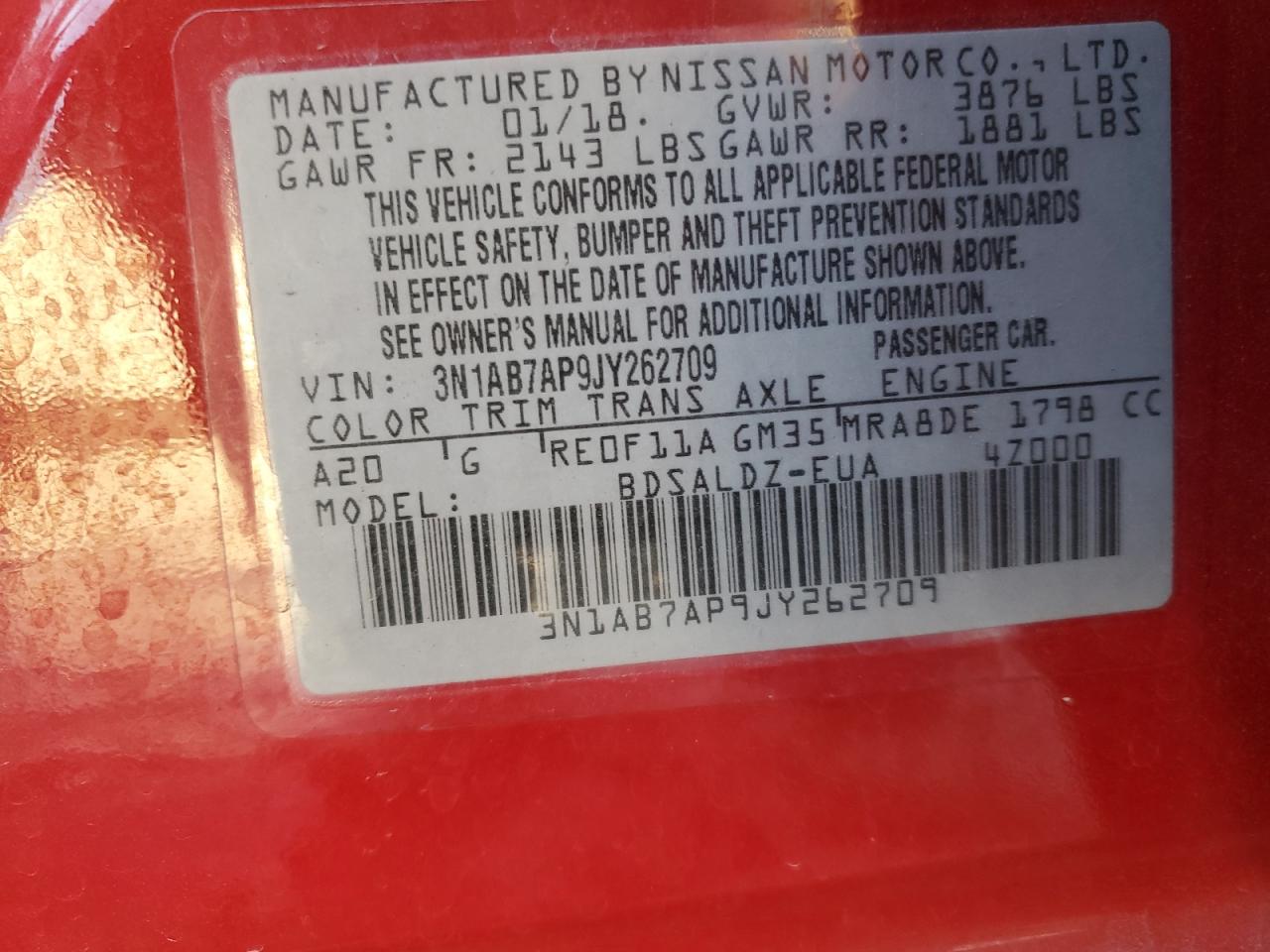 2018 Nissan Sentra VIN 3N1AB7AP9JY262709 Copart auction photo, all over damage thumbnail 13