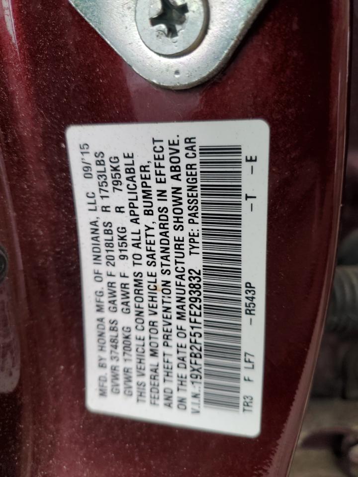 2015 Honda Civic VIN 19XFB2F51FE293832 Copart auction photo, front end / minor dent/scratches damage thumbnail 12
