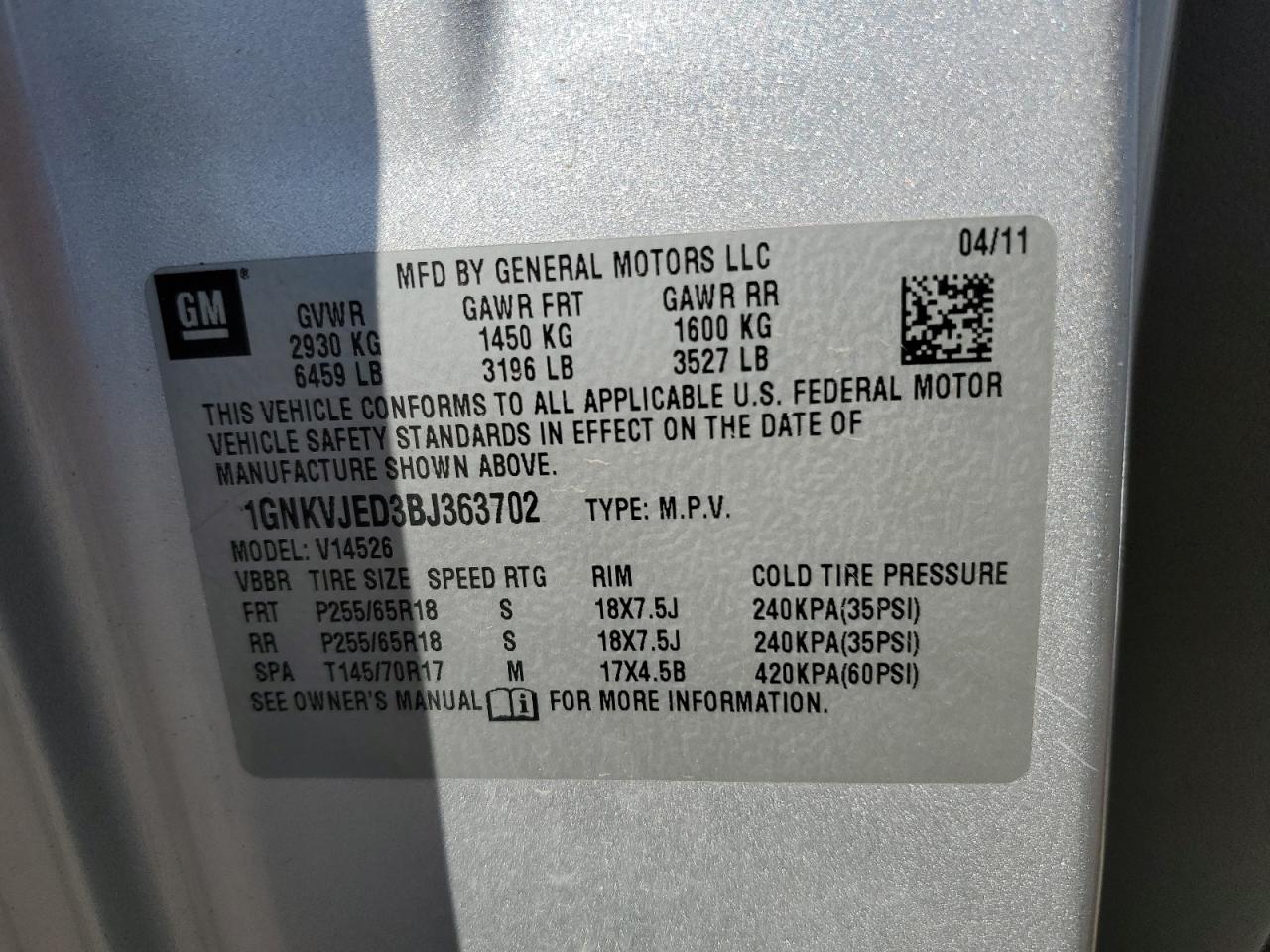 2011 Chevrolet Traverse VIN 1GNKVJED3BJ363702 Copart auction photo, side damage thumbnail 13