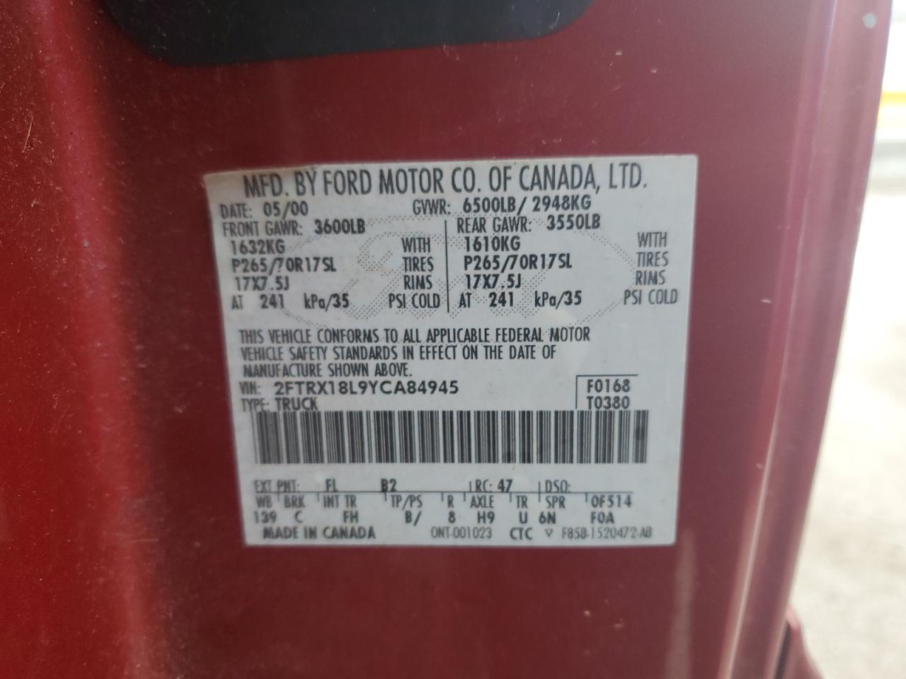 2000 Ford F-150 VIN 2FTRX18L9YCA84945 Copart auction photo, front end / rear end damage thumbnail 14