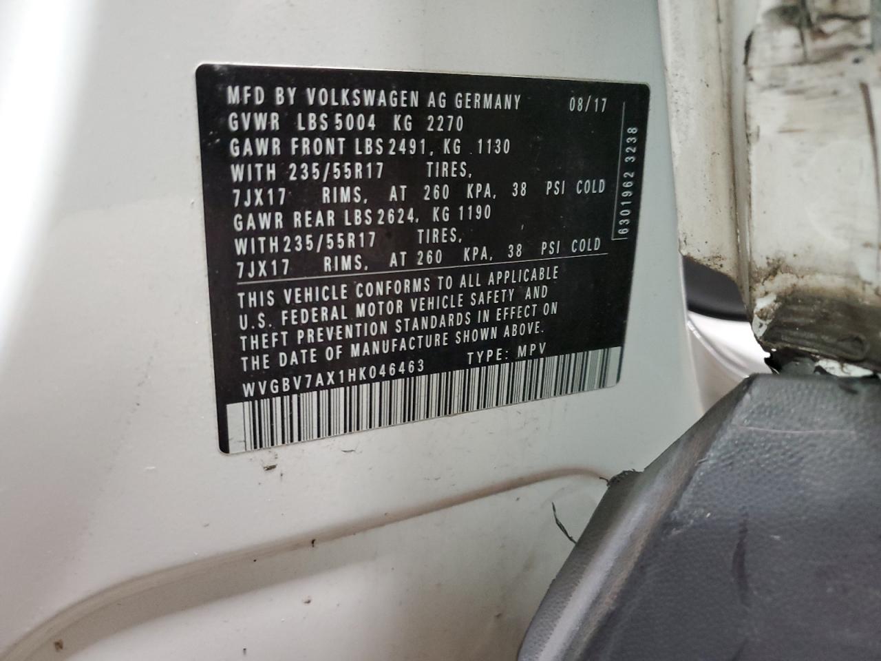 2017 Volkswagen Tiguan VIN WVGBV7AX1HK046463 Copart auction photo, side damage thumbnail 12