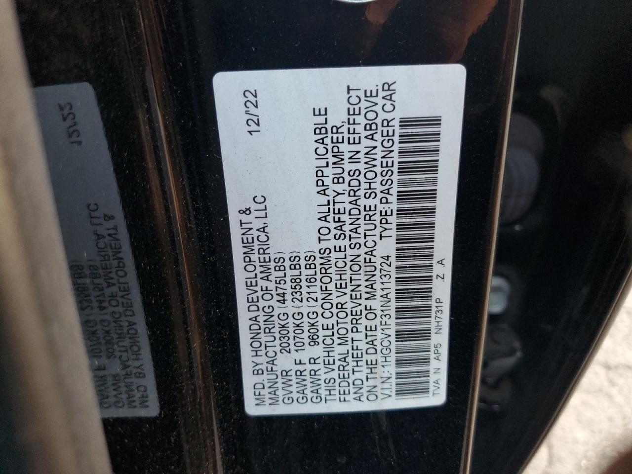 2022 Honda Accord VIN 1HGCV1F31NA113724 Copart auction photo, vandalism / stripped damage thumbnail 14