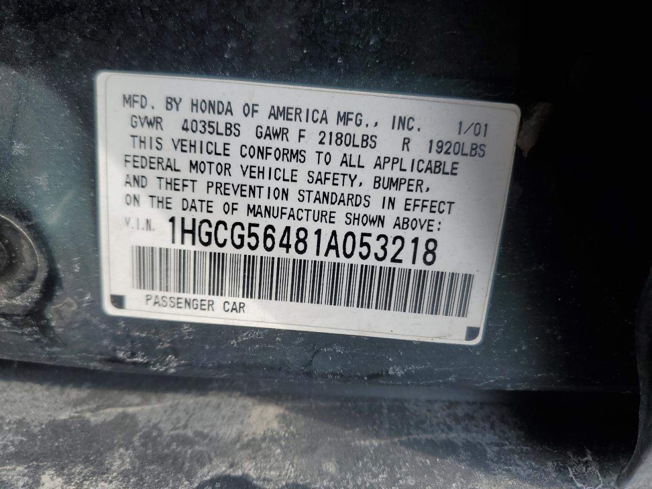 2001 Honda Accord VIN 1HGCG56481A053218 Copart auction photo, front end damage thumbnail 12