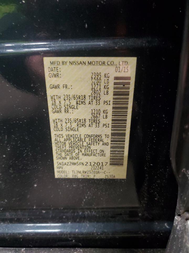2015 Nissan Murano VIN 5N1AZ2MH5FN212017 Copart auction photo, rear end / minor dent/scratches damage thumbnail 14