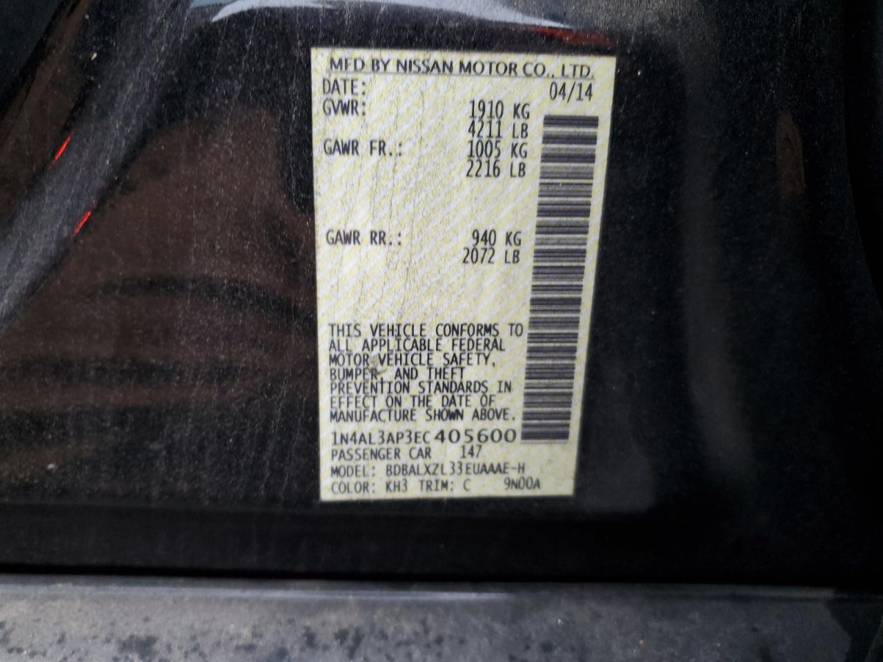 2014 Nissan Altima VIN 1N4AL3AP3EC405600 Copart auction photo, front end damage thumbnail 12