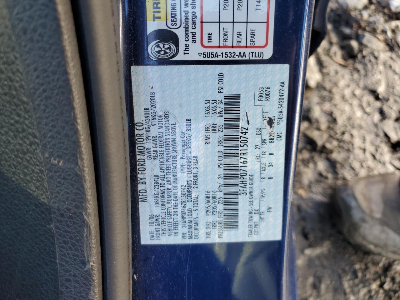 2007 Ford Fusion VIN 3FAHP07167R150742 Copart auction photo, front end / mechanical damage thumbnail 12