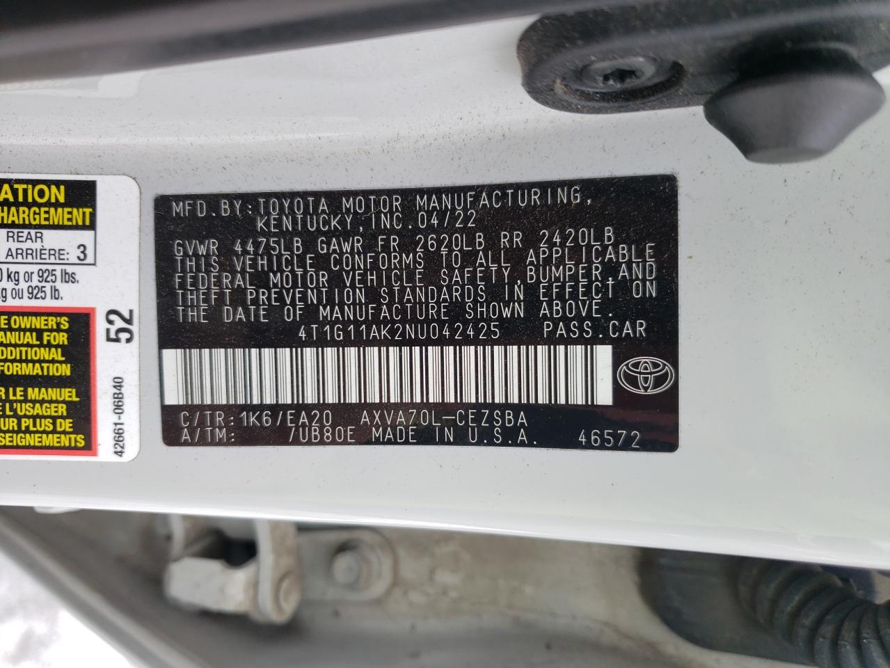 2022 Toyota Camry VIN 4T1G11AK2NU042425 Copart auction photo, rear end damage thumbnail 12