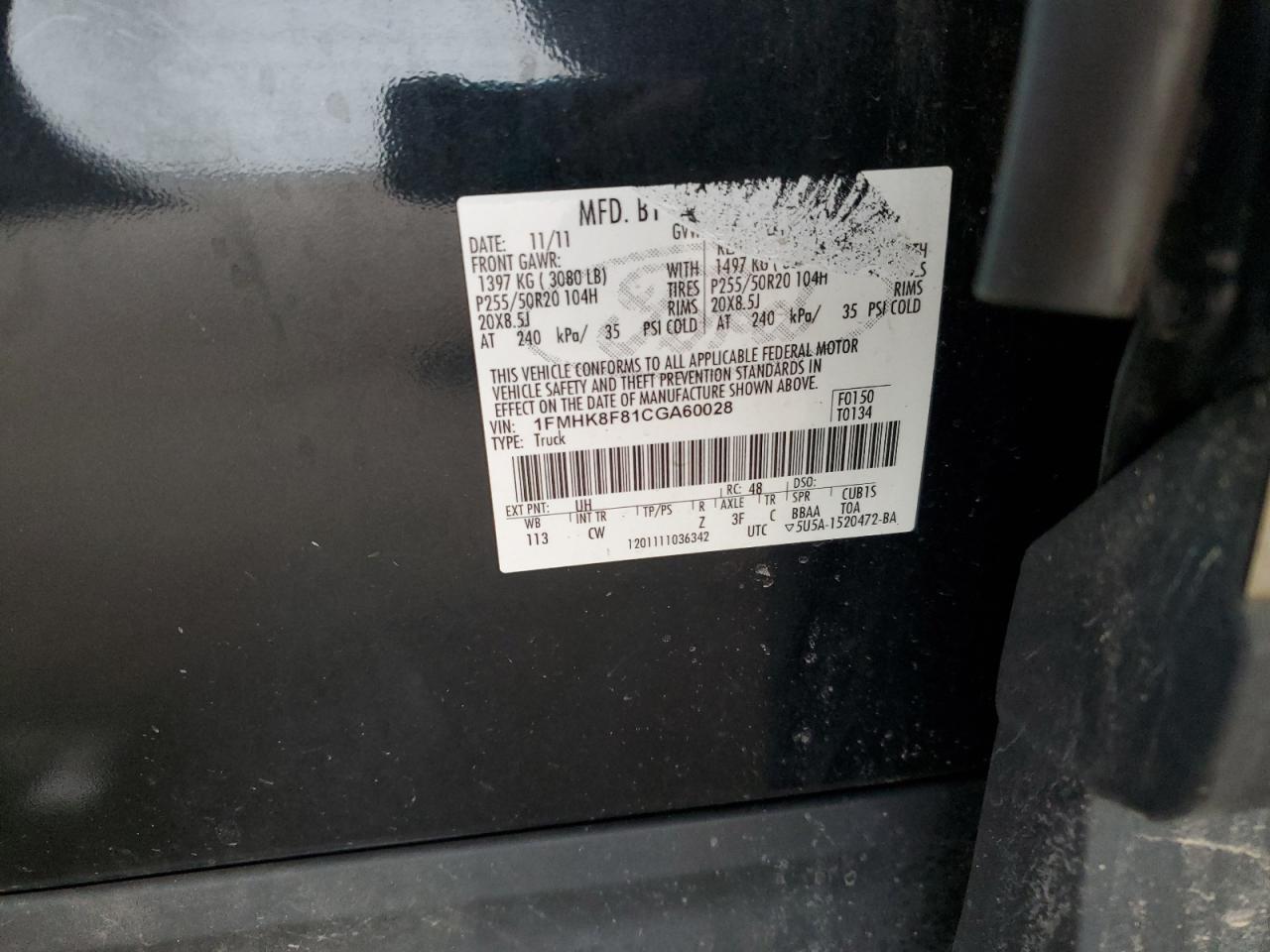 2012 Ford Explorer VIN 1FMHK8F81CGA60028 Copart auction photo, front end damage thumbnail 14
