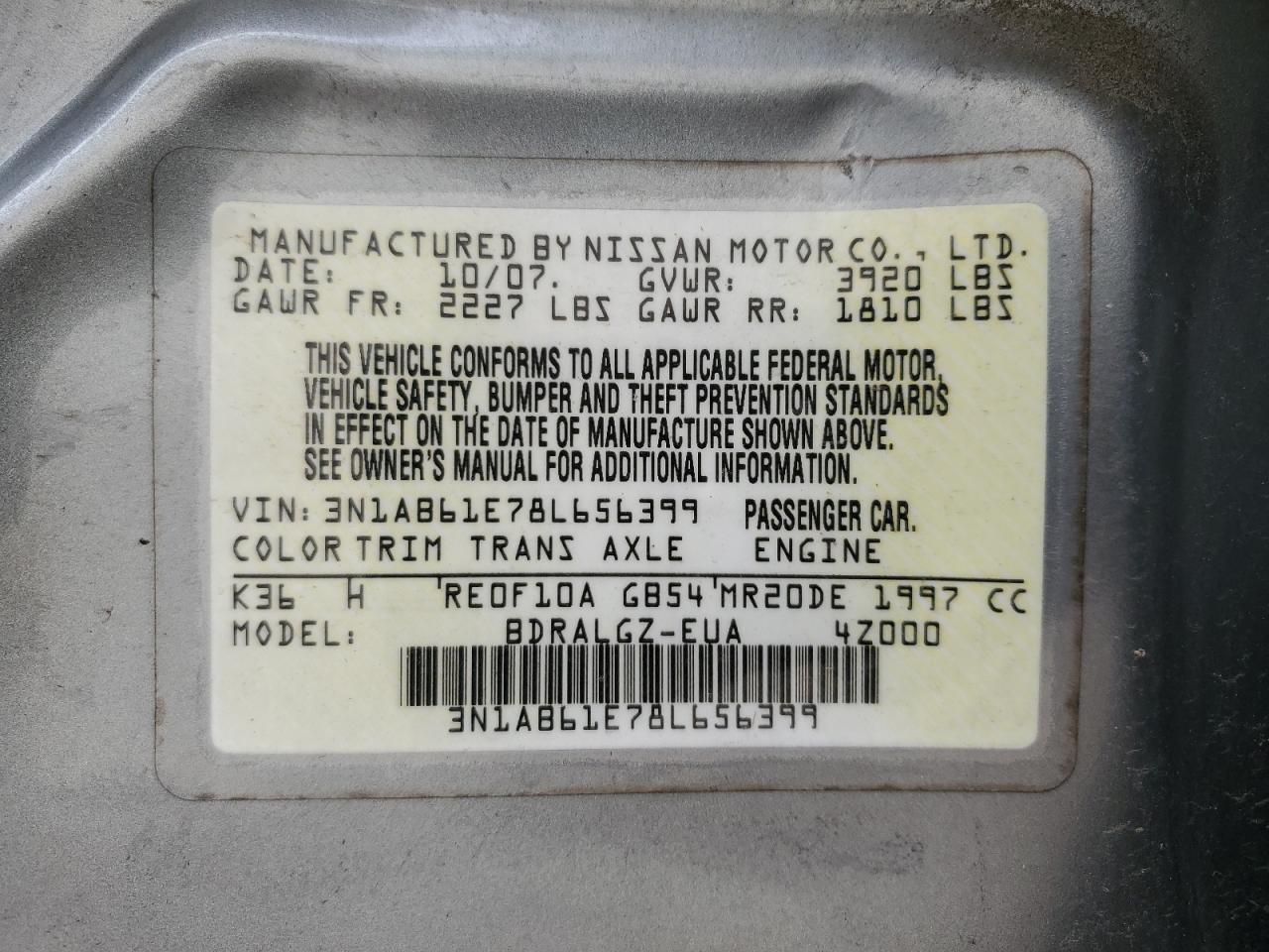 2008 Nissan Sentra VIN 3N1AB61E78L656399 Copart auction photo, side / front end damage thumbnail 13