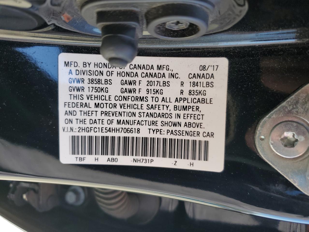 2017 Honda Civic VIN 2HGFC1E54HH706618 Copart auction photo, front end damage thumbnail 14