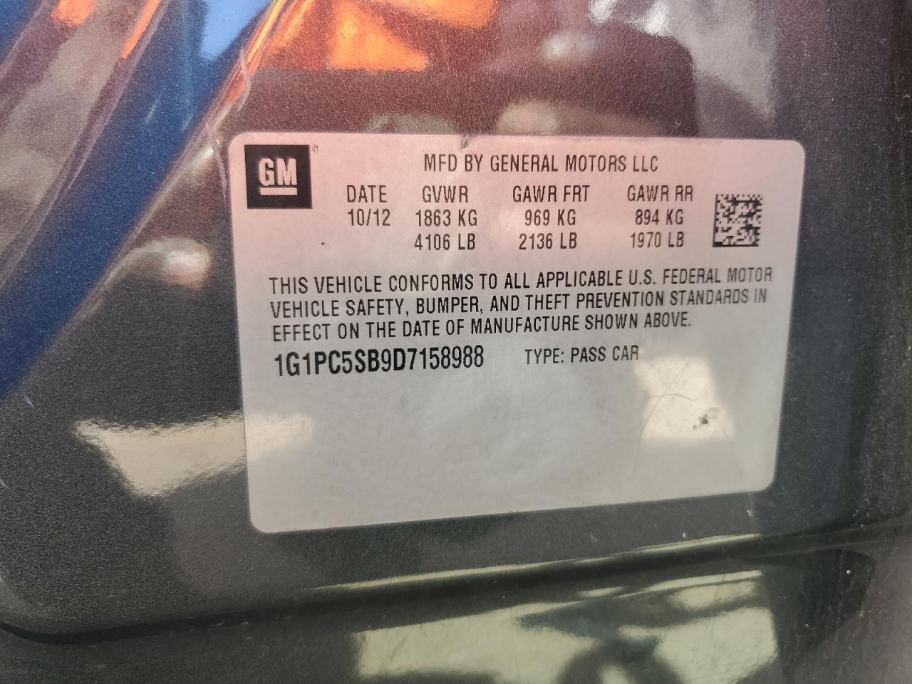 2013 Chevrolet Cruze VIN 1G1PC5SB9D7158988 Copart auction photo, front end damage thumbnail 14