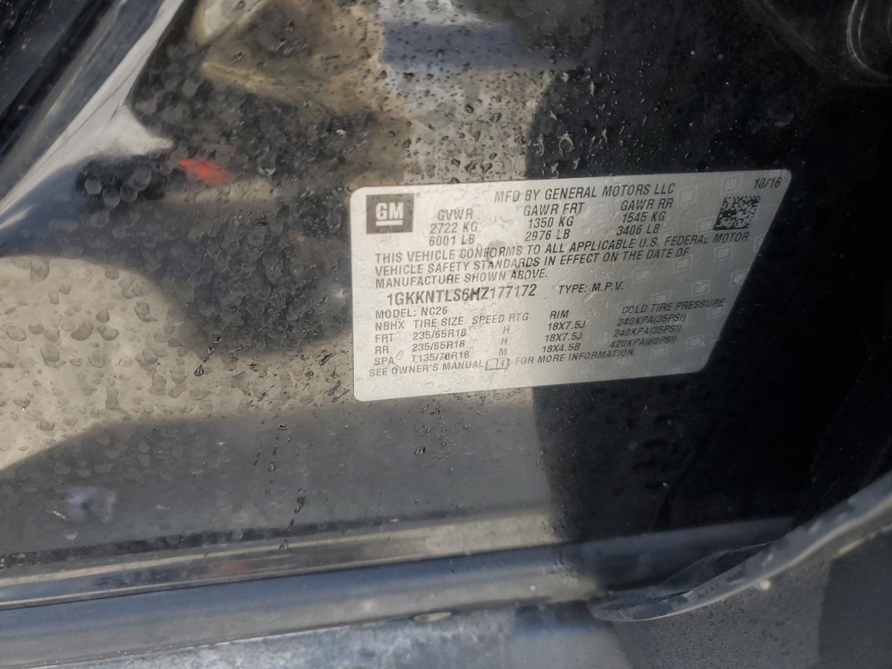 2017 GMC Acadia VIN 1GKKNTLS6HZ177172 Copart auction photo, front end damage thumbnail 13