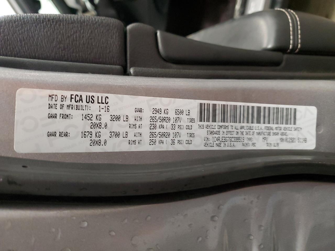 2016 Jeep Grand Cherokee VIN 1C4RJEBG7GC339519 Copart auction photo, side damage thumbnail 12