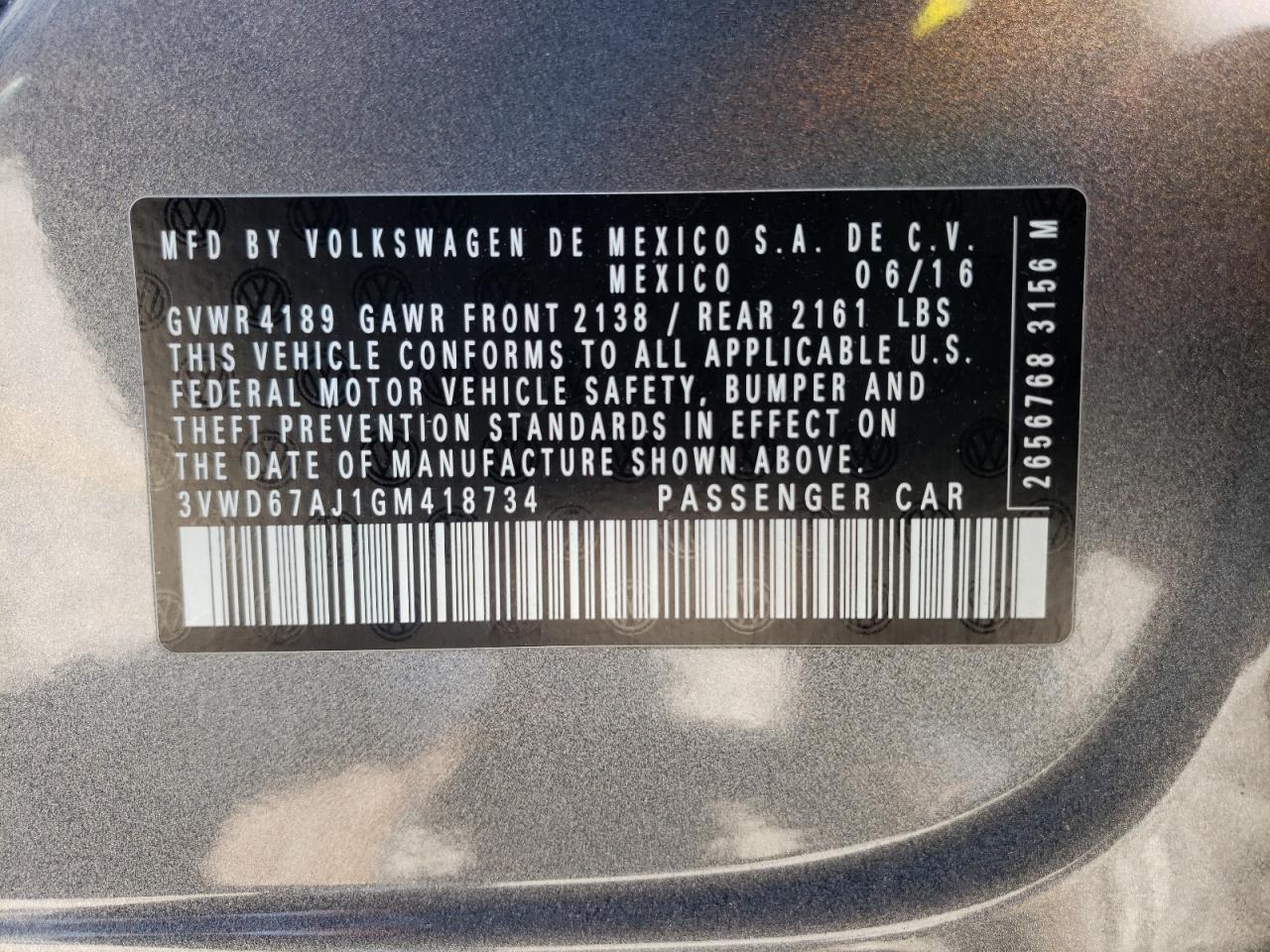 2016 Volkswagen Jetta VIN 3VWD67AJ1GM418734 Copart auction photo, side / front end damage thumbnail 12