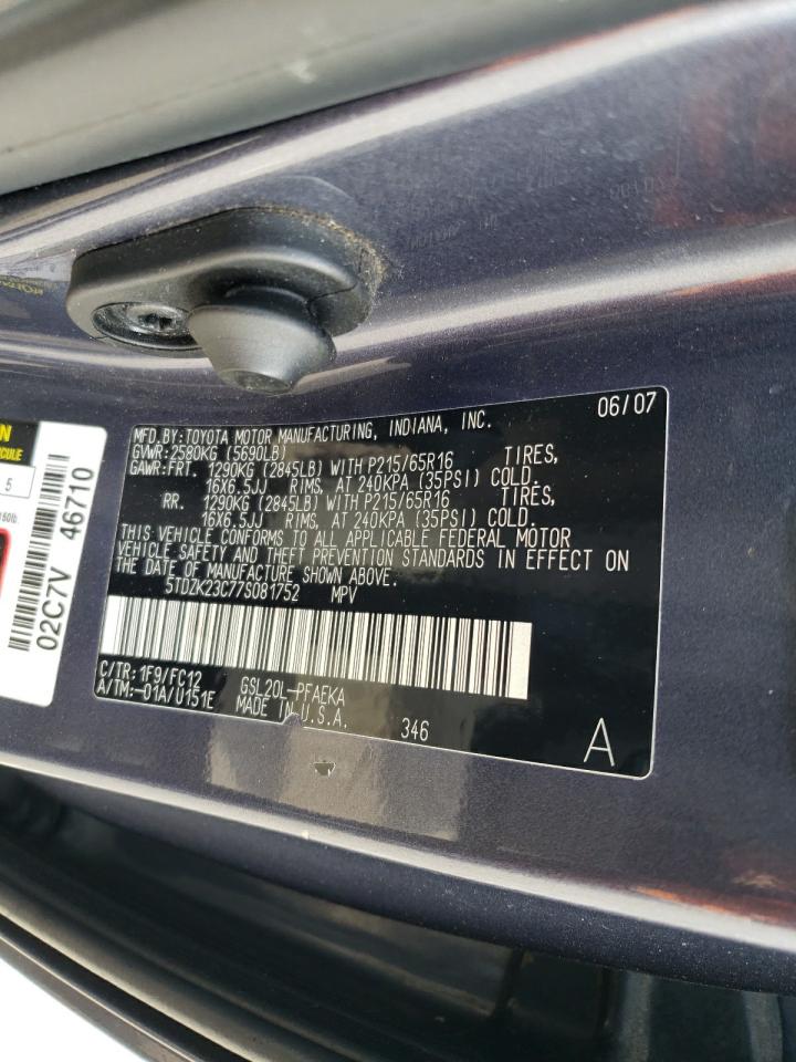 2007 Toyota Sienna VIN 5TDZK23C77S081752 Copart auction photo, front end / minor dent/scratches damage thumbnail 13