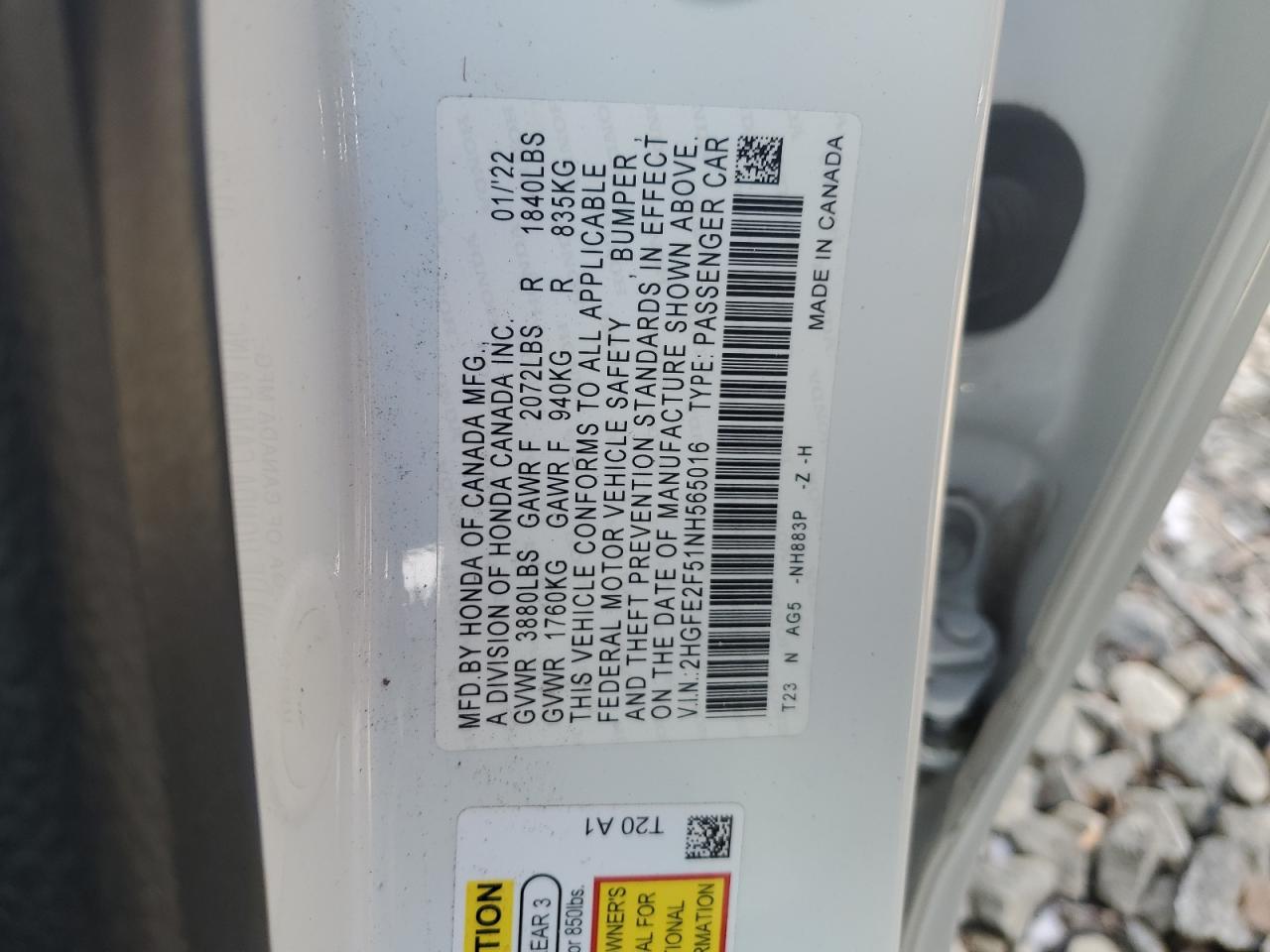 2022 Honda Civic VIN 2HGFE2F51NH565016 Copart auction photo, front end / side damage thumbnail 13