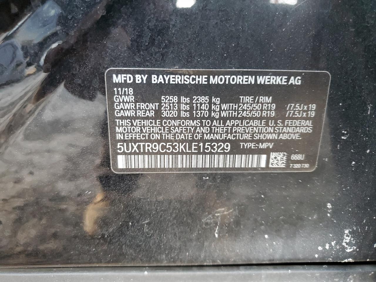 2019 BMW X3 VIN 5UXTR9C53KLE15329 Copart auction photo, rear end / mechanical damage thumbnail 14