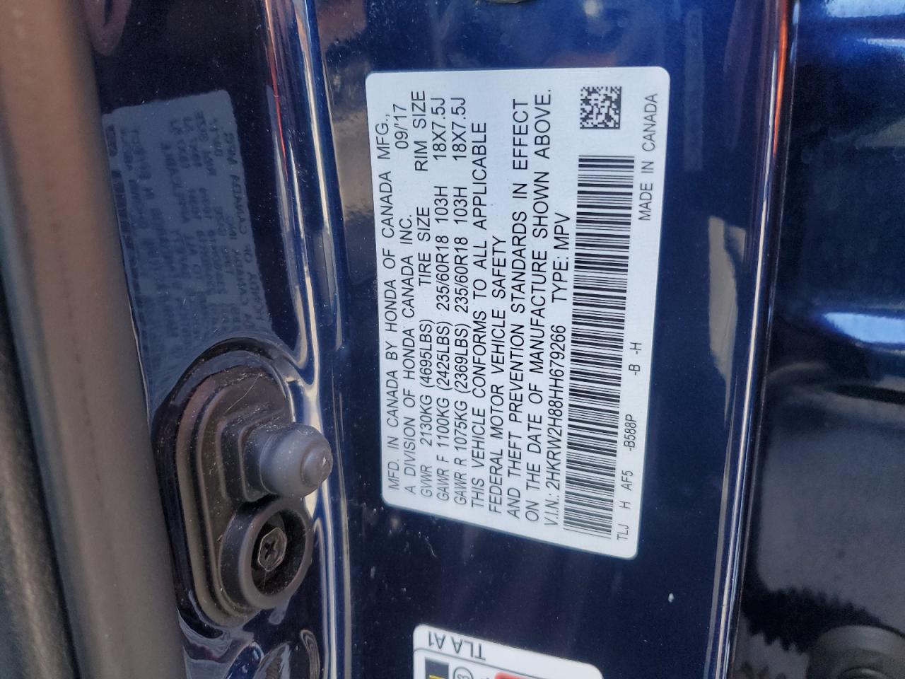 2017 Honda CR-V VIN 2HKRW2H88HH679266 Copart auction photo, front end / undercarriage damage thumbnail 15