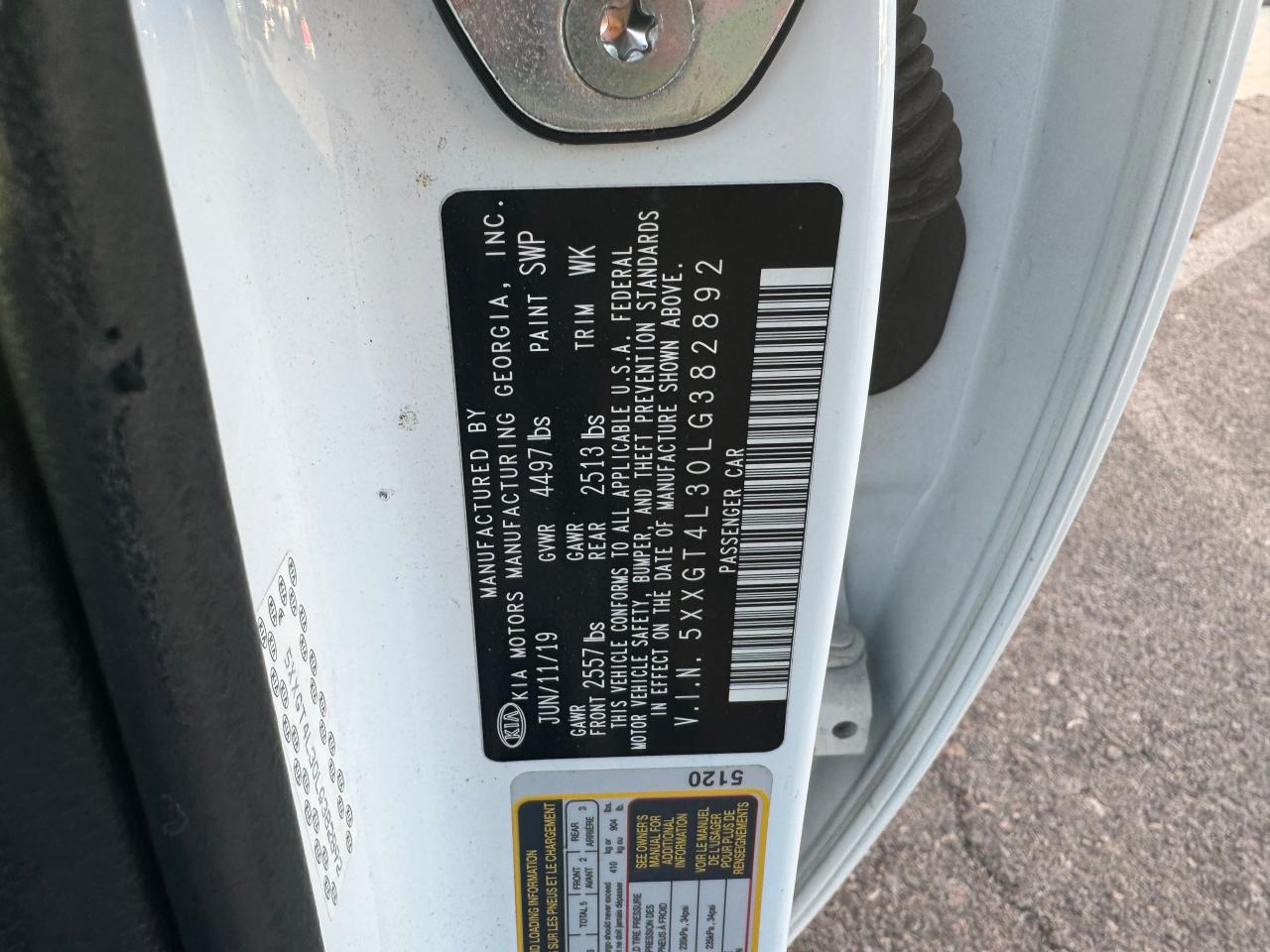 2020 KIA Optima VIN 5XXGT4L30LG382892 Copart auction photo, minor dent/scratches / normal wear damage thumbnail 10