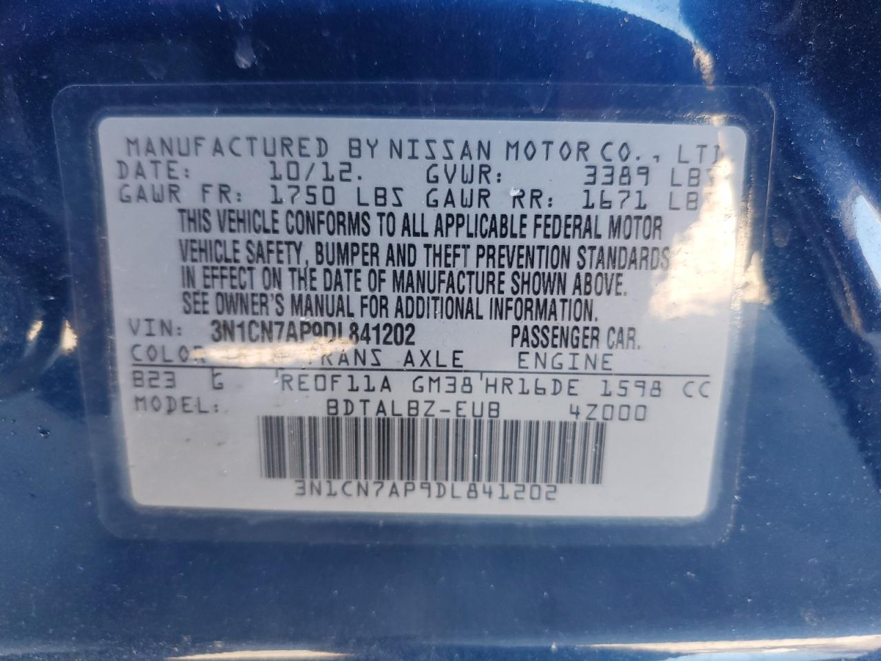 2013 Nissan Versa VIN 3N1CN7AP9DL841202 Copart auction photo, front end damage thumbnail 12