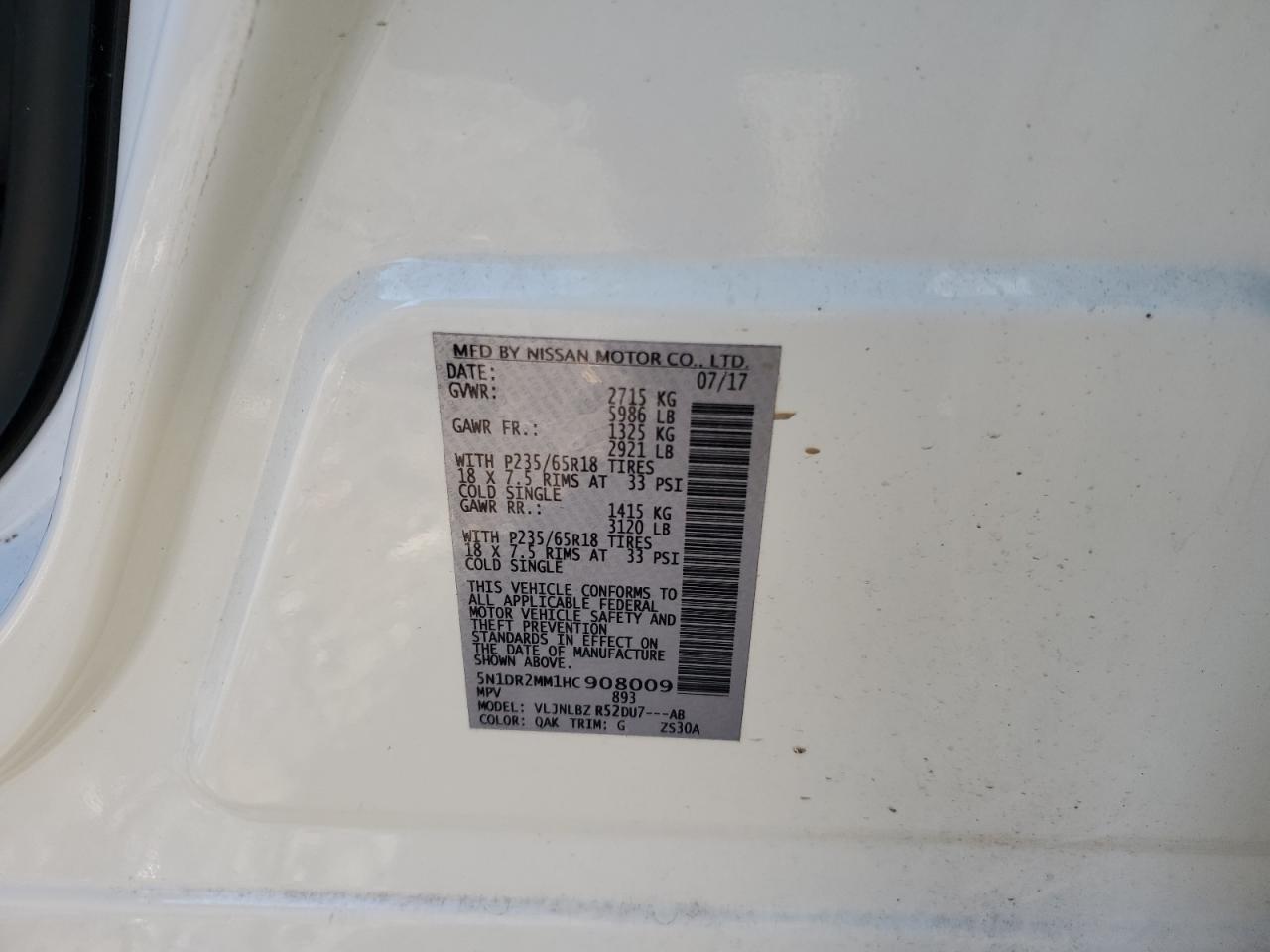 2017 Nissan Pathfinder VIN 5N1DR2MM1HC908009 Copart auction photo, side damage thumbnail 15