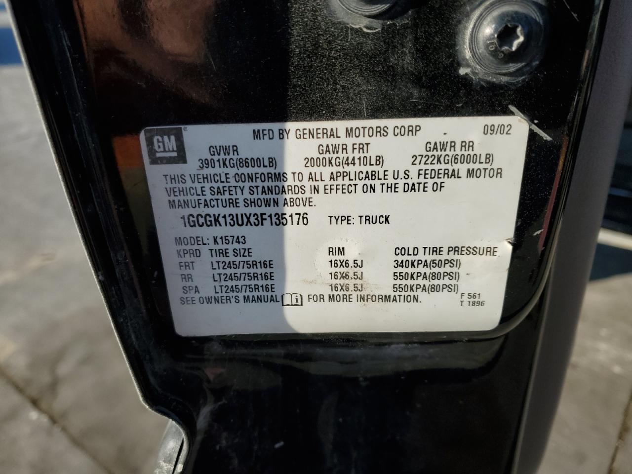 2003 Chevrolet Silverado VIN 1GCGK13UX3F135176 Copart auction photo, front end / rear end damage thumbnail 12