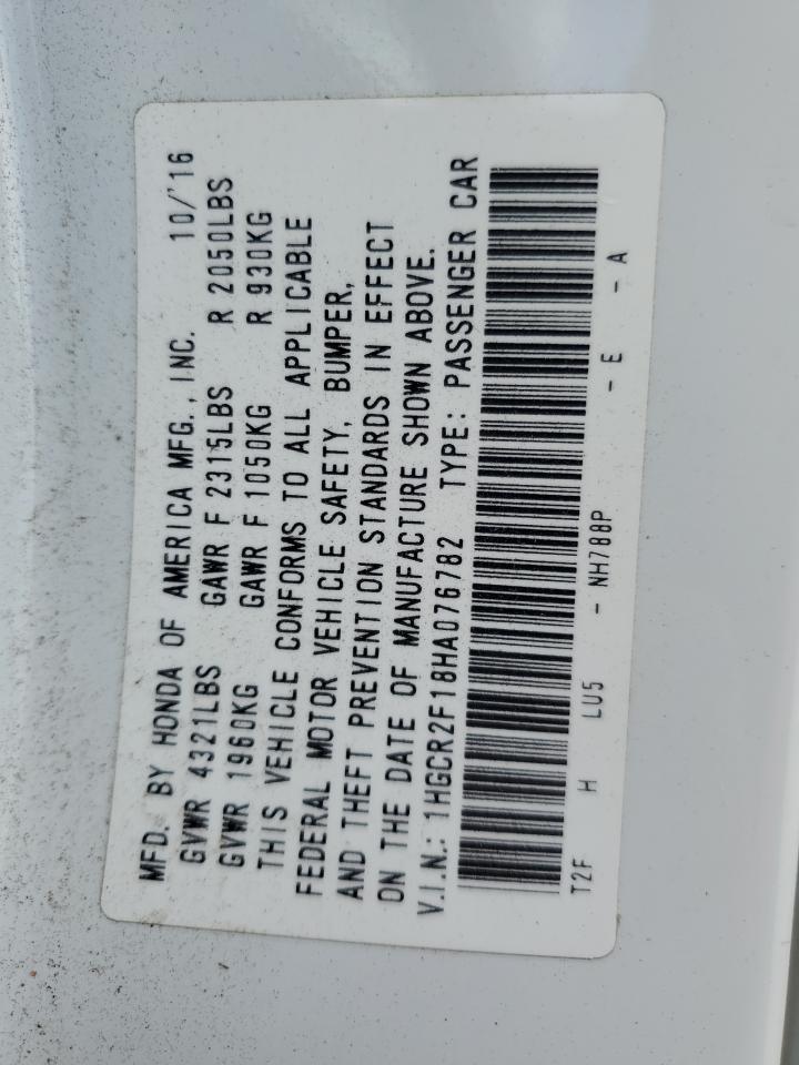 2017 Honda Accord VIN 1HGCR2F18HA076782 Copart auction photo, front end damage thumbnail 14
