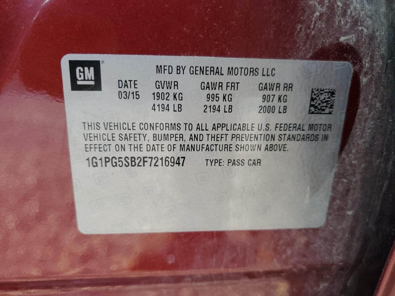 2015 Chevrolet Cruze VIN 1G1PG5SB2F7216947 Copart auction photo, front end damage thumbnail 15