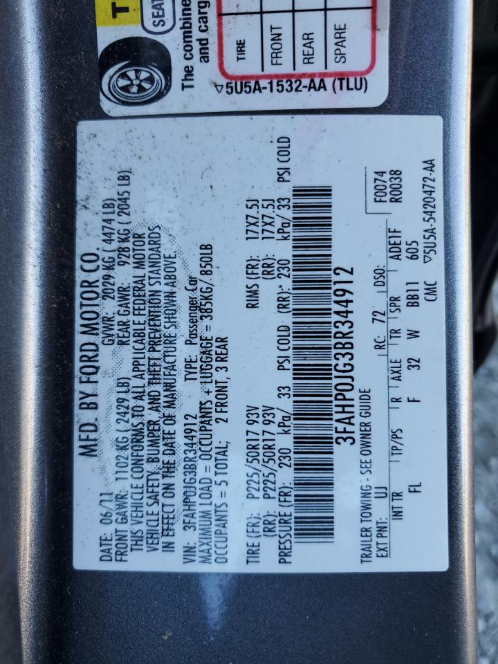 2011 Ford Fusion VIN 3FAHP0JG3BR344912 Copart auction photo, front end damage thumbnail 14