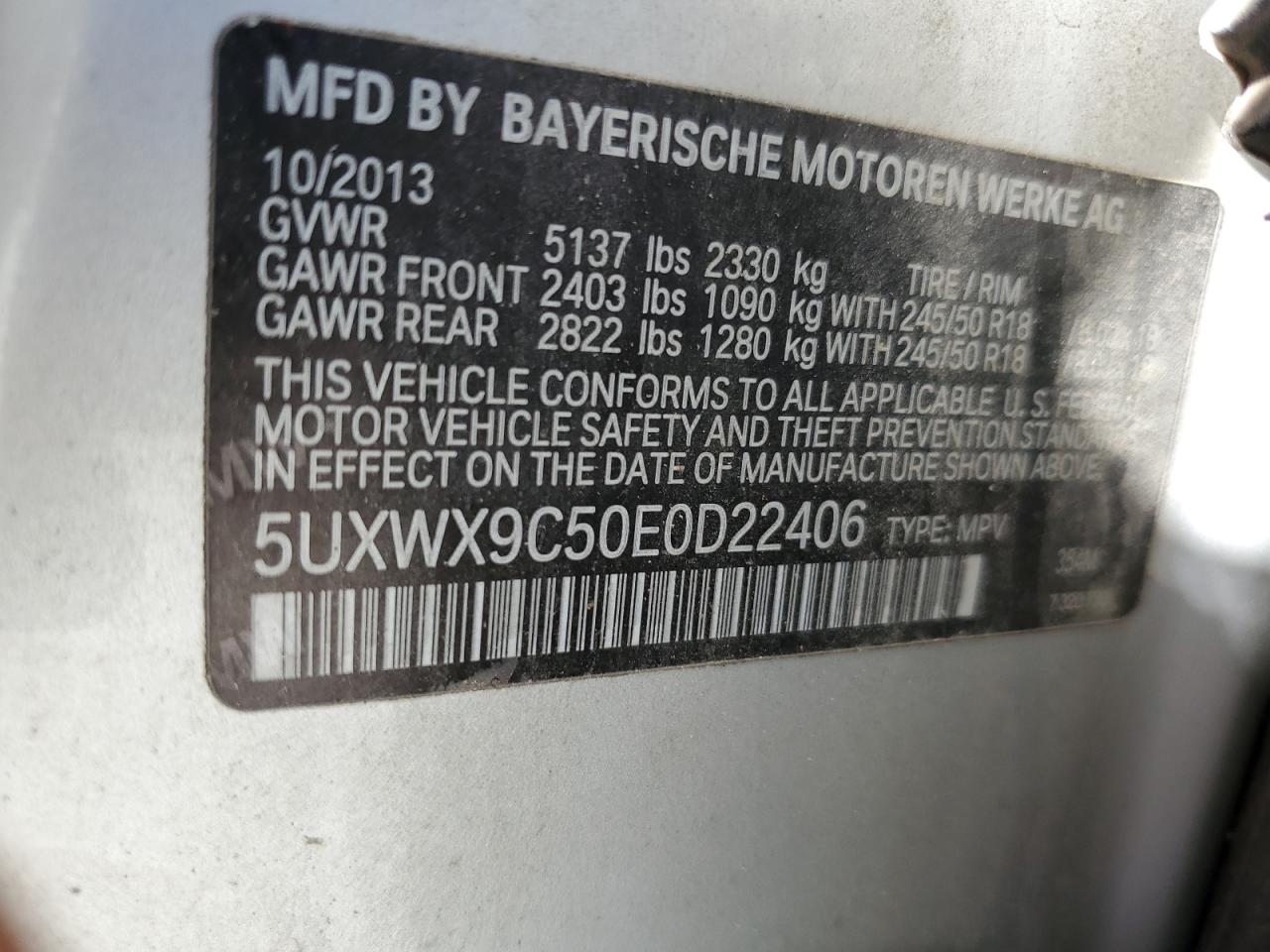 2014 BMW X3 VIN 5UXWX9C50E0D22406 Copart auction photo, top/roof damage thumbnail 12