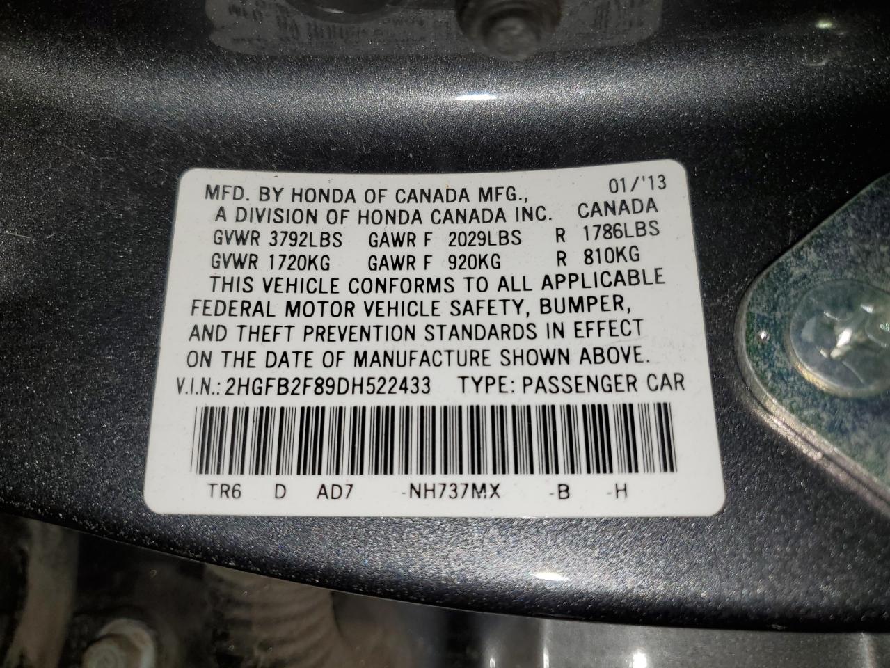 2013 Honda Civic VIN 2HGFB2F89DH522433 Copart auction photo, side / rear end damage thumbnail 12