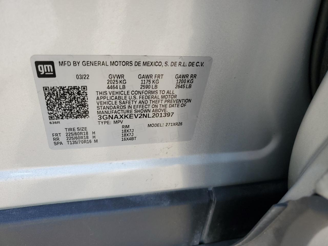 2022 Chevrolet Equinox VIN 3GNAXKEV2NL201397 Copart auction photo, rear end damage thumbnail 14