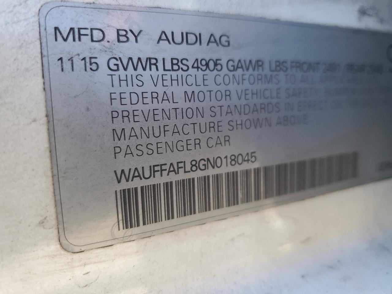 2016 Audi A4 VIN WAUFFAFL8GN018045 Copart auction photo, side / front end damage thumbnail 12