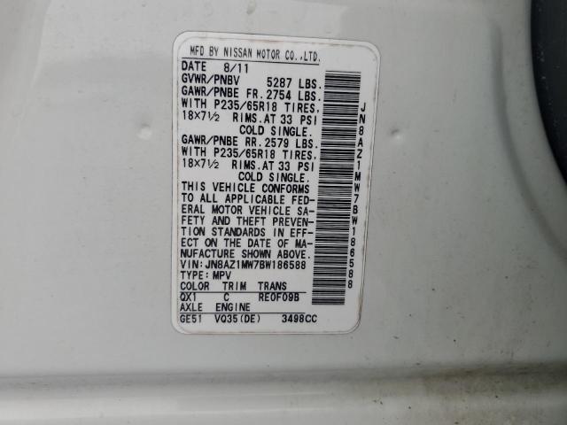 2011 Nissan Murano VIN JN8AZ1MW7BW186588 Copart auction photo, rear end damage thumbnail 12